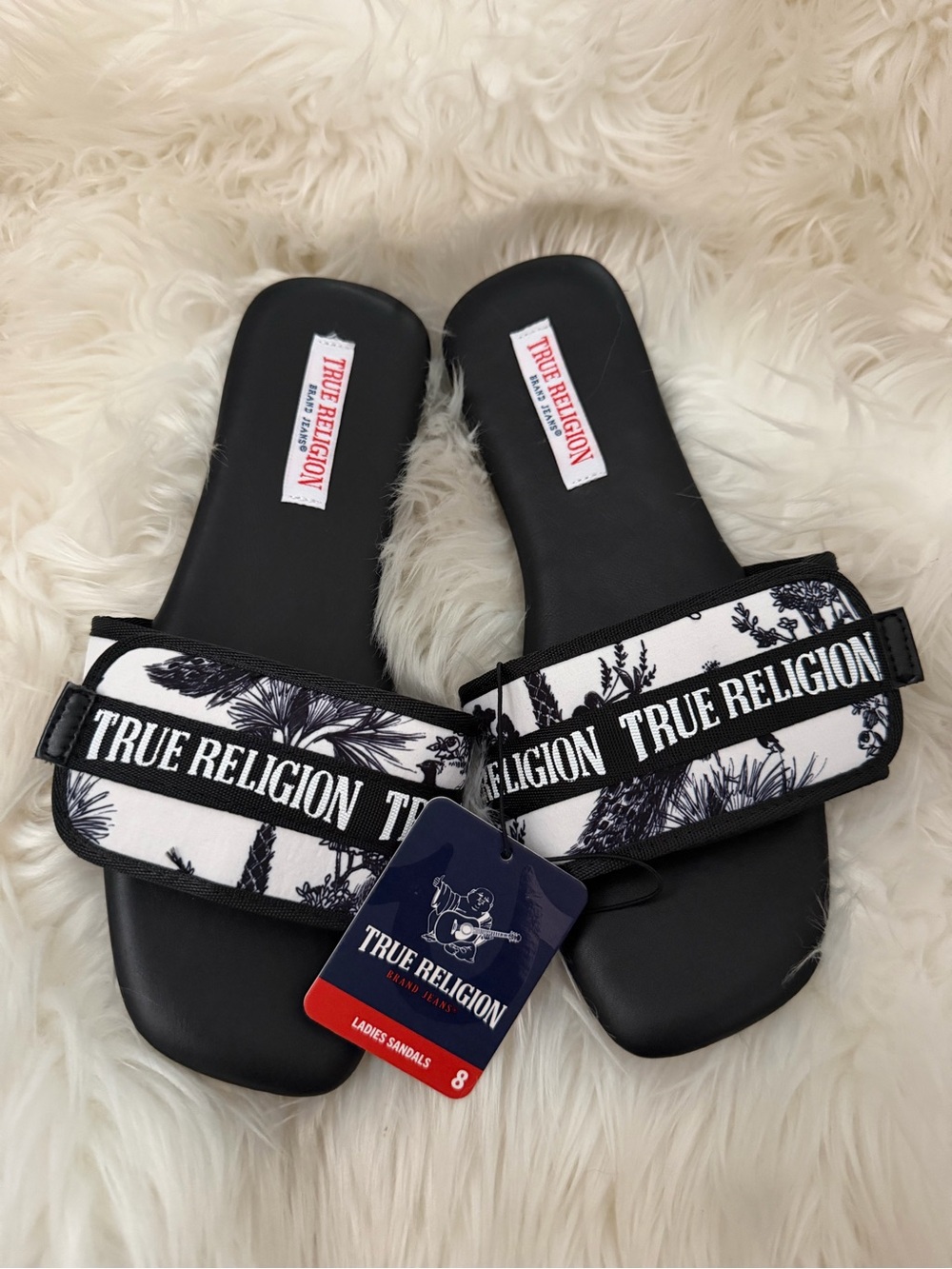 True Religion Black and White Logo Floral Slide Sandals